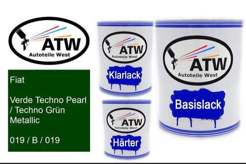 Fiat, Verde Techno Pearl / Techno Grün Metallic, 019 / B / 019: 1L Lackdose + 1L Klarlack + 500ml Härter - Set, von ATW Autoteile West.